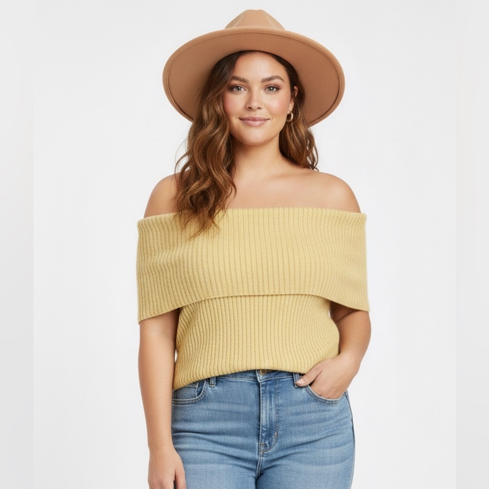 Free People Off-Shoulder Ribbed Knit Sweater in Pale Yellow